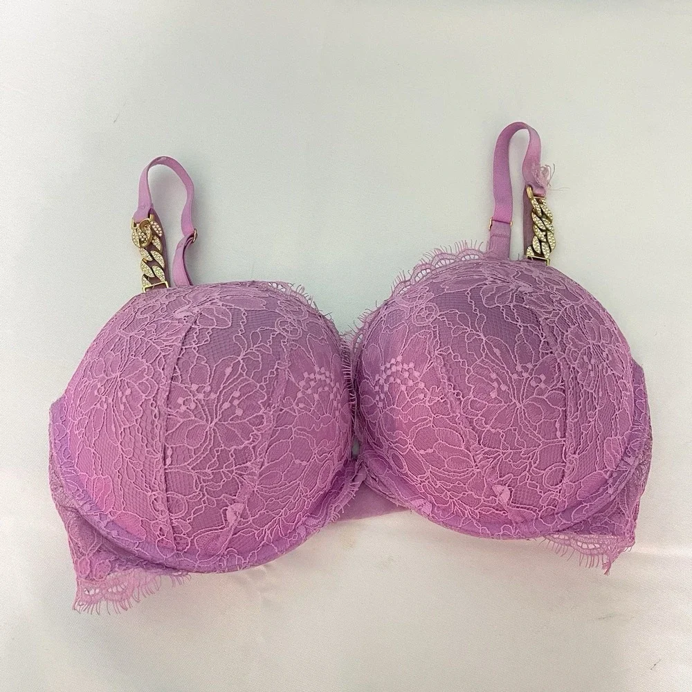 VICTORIA'S SECRET DREAM ANGEL DEMI BRA 34DD BLING  Gold Chain Pink LACE H-15‎